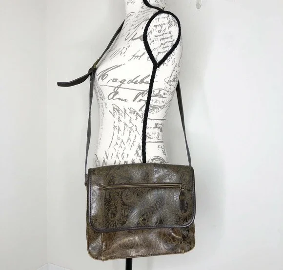 Vintage Relic Brown Paisley Tooled Faux Leather Flap Front Crossbody Satchel Bag - Picture 6 of 12